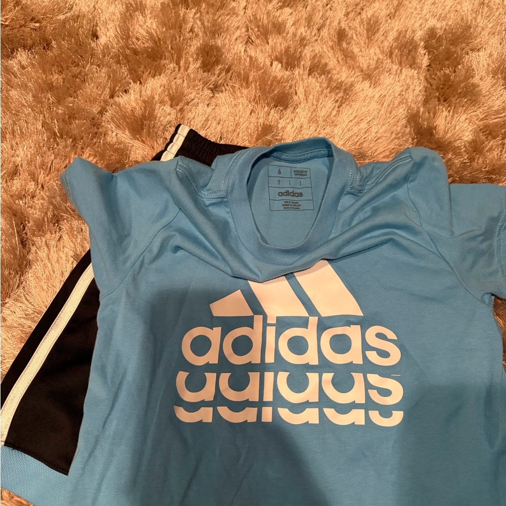 adidas Light Blue Logo Tee with Black Athletic Shorts - Picture 4 of 4